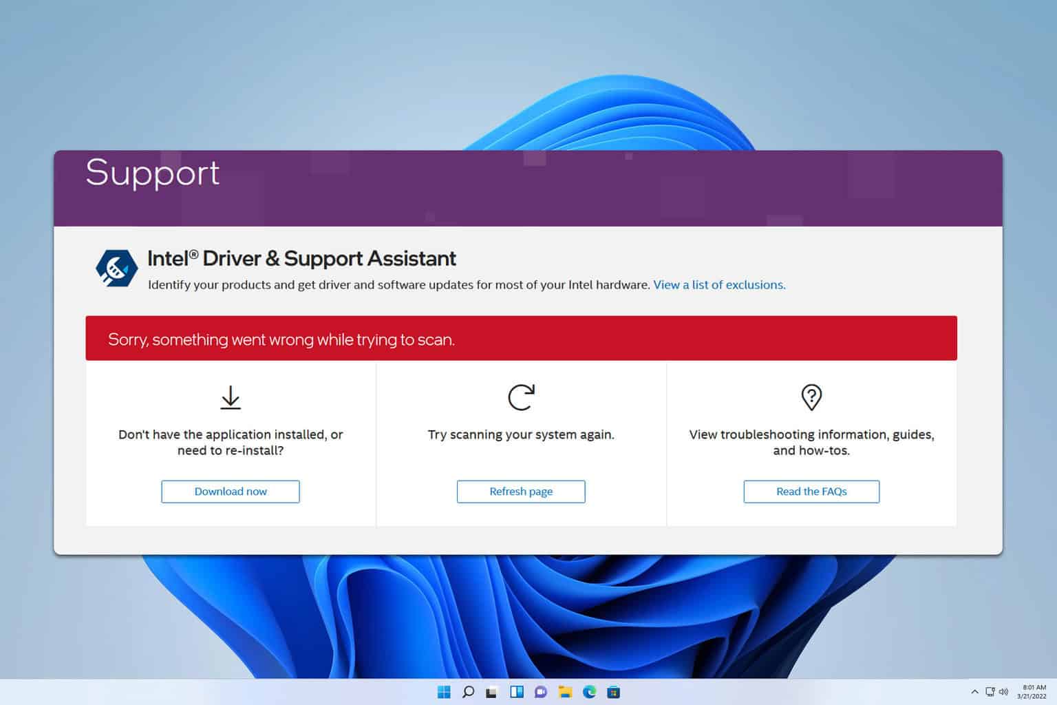 intel driver support assistant not working